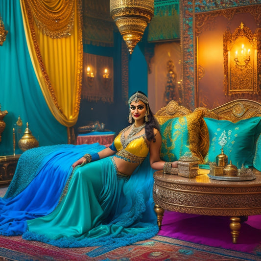 A warm, golden-lit studio with a belly dancer posing in front of a vibrant, turquoise-colored backdrop, surrounded by ornate, Middle Eastern-inspired props and fabrics, with a subtle, shimmering curtain in the background.