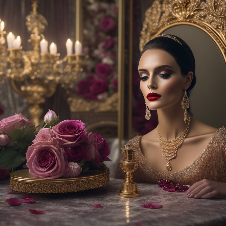 A luxurious, velvet-draped backdrop with a golden makeup vanity, adorned with crystal perfume bottles, pearl necklaces, and a few strategically placed rose petals, surrounded by elegant, ornate mirrors.