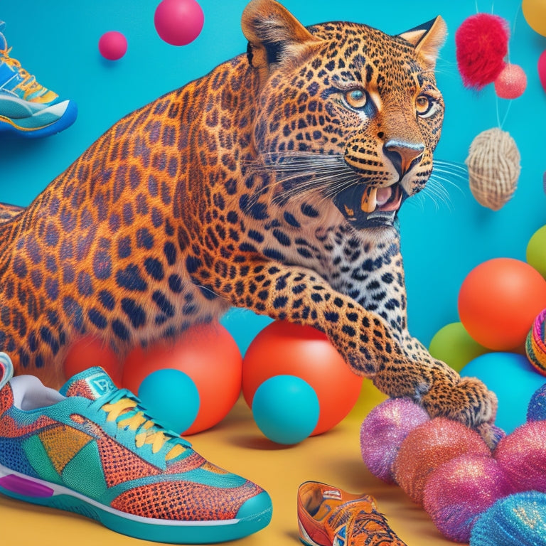 A vibrant illustration featuring a dynamic leopard wearing a sports jersey and sneakers, surrounded by colorful dance-inspired patterns, pom-poms, and athletic equipment, set against a bold, bright background.