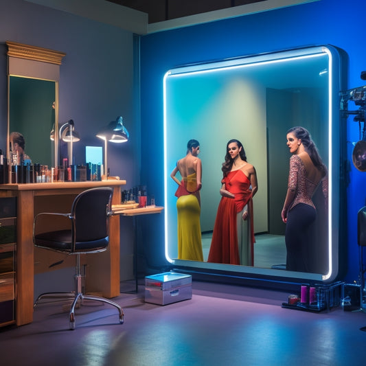 A backstage area with a clutter-free makeup station: a sleek, organized cosmetic case, a spotlight shining on a mirror, and a dancer in the background, partially made up, with a timer and a schedule on the wall.