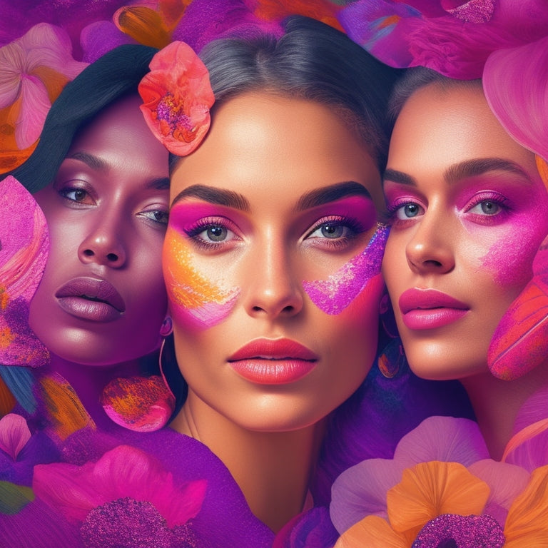 A vibrant, abstract illustration featuring swirling brushstrokes in shades of pink, orange, and purple, with overlapping portraits of women from different eras, their faces blending into a kaleidoscope of creativity.
