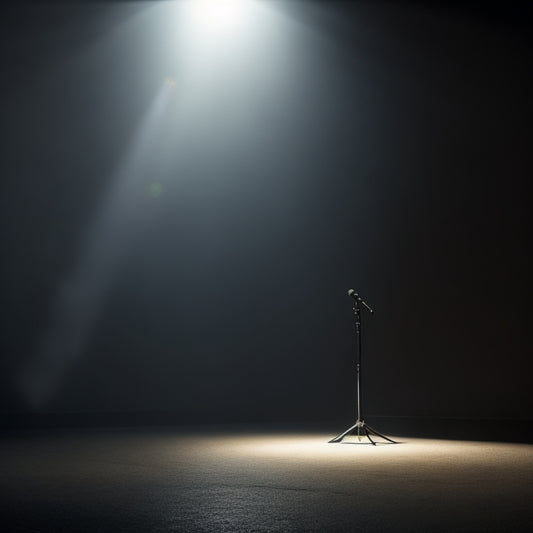A dimly lit, empty stage with a solitary microphone standing upright, surrounded by faint, eerie shadows, with a single, faint spotlight shining down, casting an air of anticipation and unease.