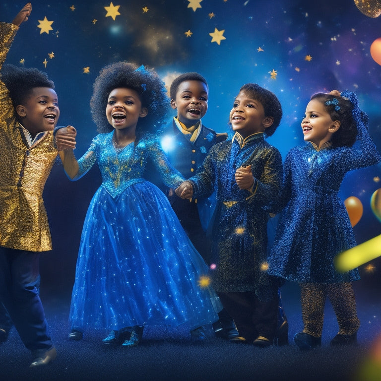 A whimsical illustration of a bright, starry night stage, with a spotlight shining down on a group of diverse, smiling children, frozen in elegant dance poses, surrounded by glittering confetti and balloons.