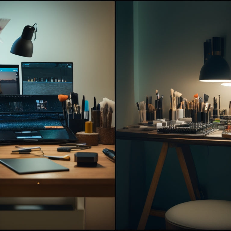 A split-screen image: a cluttered, dimly lit makeup station with scattered products and messy brushes on one side, and a tidy, well-lit digital workstation with a laptop and organized virtual makeup tools on the other.