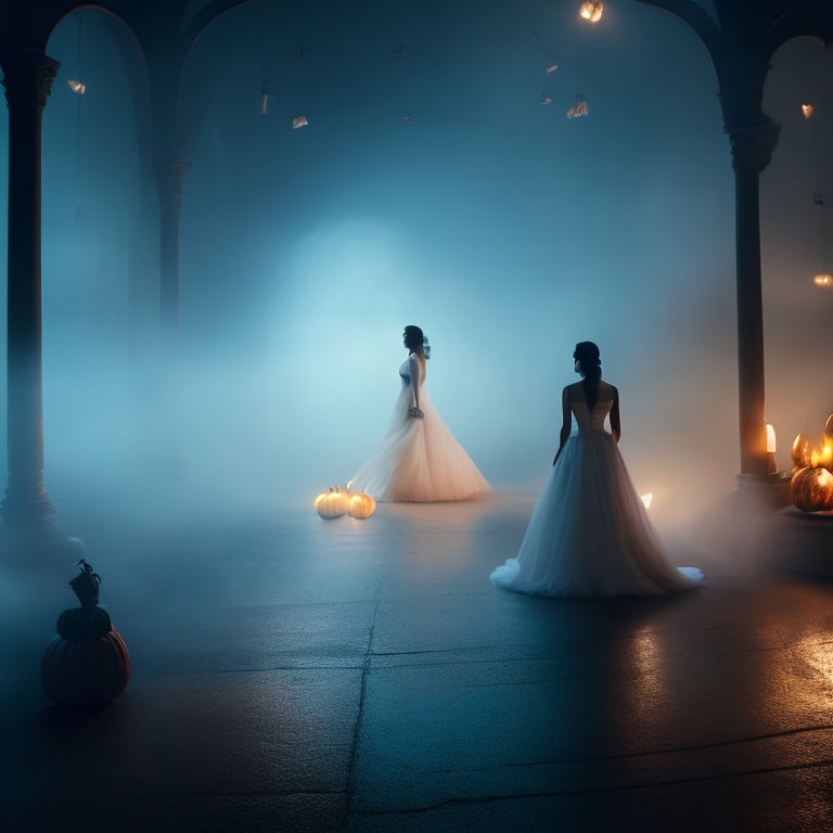 A hauntingly lit, eerie dance floor scene at dusk, with a lone, ghostly figure in a flowing white gown, surrounded by swirling fog and twinkling jack-o'-lanterns.