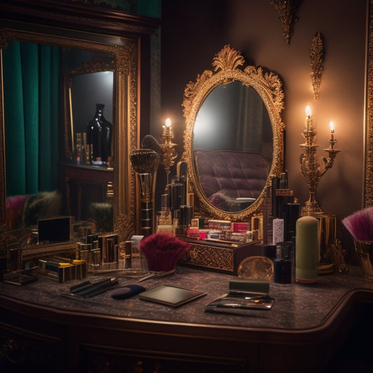 A glamorous, dimly lit dressing room scene with a vanity cluttered with makeup brushes, compacts, and colorful cosmetics, surrounded by costume pieces, wigs, and accessories, with a spotlight shining on a central, ornate mirror.