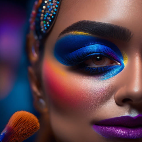 A close-up of a dancer's face, spotlight-lit, with bold, colorful makeup design, surrounded by makeup brushes, palettes, and mirrors, against a dark, velvety background.