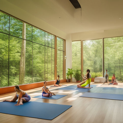 A serene yoga studio with natural light filtering through large windows, featuring a diverse group of practitioners in vibrant spandex shorts, practicing various poses on colorful mats surrounded by lush greenery.