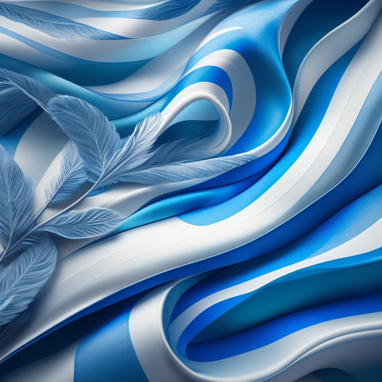 A whimsical illustration of a large, flowing flag with undulating ribbons in shades of blue and white, dancing in the wind, surrounded by swirling leaves and feathers.