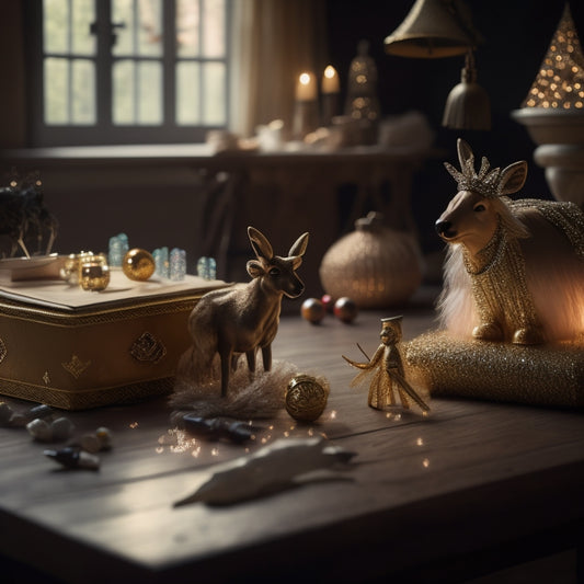 A whimsical, golden-lit scene featuring a crafting table with scattered materials, a half-finished reindeer dancer figurine, and a delicate, beaded tutu lying beside it, surrounded by twinkling fairy lights.