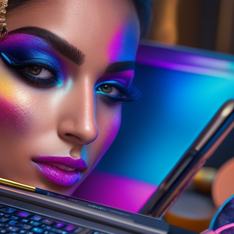 A close-up of a makeup brush gliding across a model's face, with a laptop or tablet in the background displaying a dance makeup tutorial, surrounded by colorful makeup palettes and brushes.