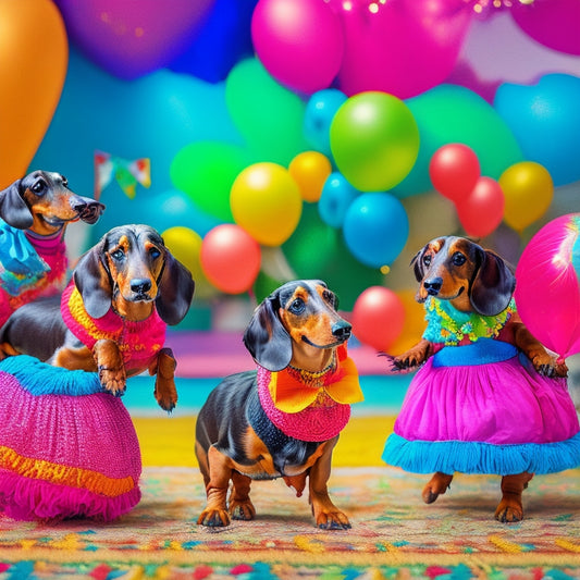 A whimsical scene featuring a troupe of dachshunds in tutus, dancing on a vibrant, floral-patterned background, surrounded by colorful cross-stitch motifs and festive balloons.