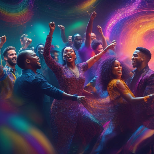 A vibrant, dynamic illustration of a diverse group of people dancing in unison, surrounded by swirling patterns of colorful lights, with energetic brushstrokes and abstract shapes radiating outward.