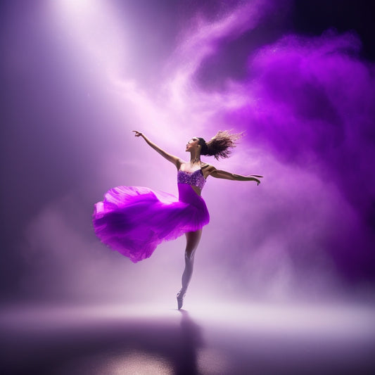 A silhouette of a dancer in mid-pose, spotlight shining down, surrounded by swirling clouds of glittering silver dust, with a subtle gradient background transitioning from deep purple to bright pink.