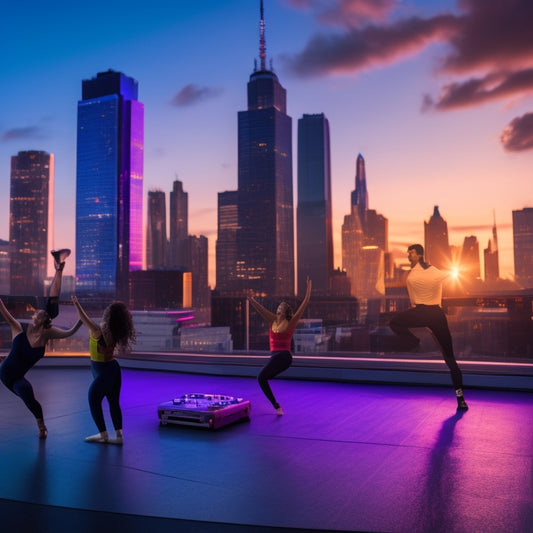 A vibrant, modern dance studio with laptops and smartphones scattered around, surrounded by dancing silhouettes, spotlights, and a cityscape at dusk in the background, blending physical and digital spaces.