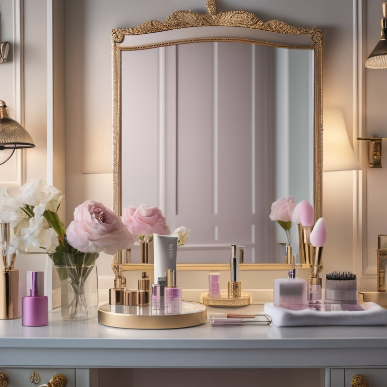 A tidy, well-lit vanity with a organized makeup station, featuring a color-coded palette, neatly arranged brushes, and a few elegant dance-inspired decorative elements, set against a soft, creamy background.