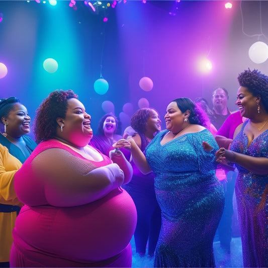 A vibrant illustration featuring diverse, plus-size individuals of various ages and abilities dancing together in a colorful, dimly lit studio, surrounded by mirrors and colorful balloons.