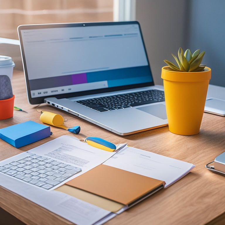 A clean and modern illustration featuring a laptop open to a conference schedule webpage, surrounded by colorful sticky notes, pens, and a cup of coffee on a minimalist desk.