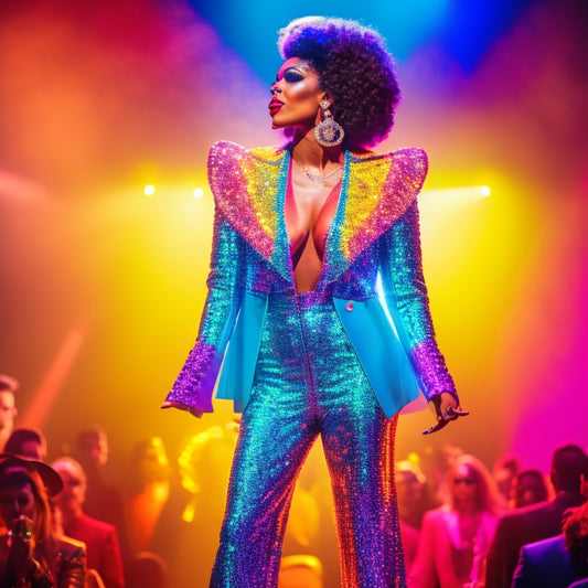 A vibrant, stylish performer stands confidently on stage, showcasing a dazzling sequined jacket, statement accessories, and bold stage makeup, illuminated by colorful spotlights, with an audience captivated in the background.