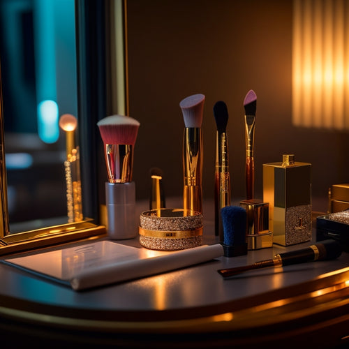 A close-up of a glamorous, spotlight-lit makeup station with an array of high-end products, brushes, and mirrors, surrounded by soft, golden lighting and subtle, shimmering shadows.