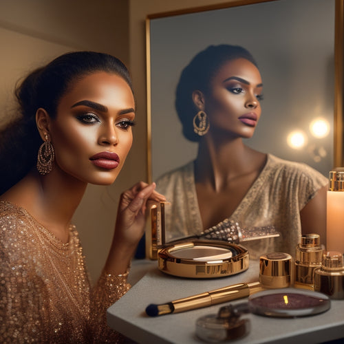 A warm, golden-lit makeup station with a mirror, surrounded by MAC Cosmetics products and brushes, featuring a beautiful, diverse model with a subtle, confident smile, gazing into the mirror.