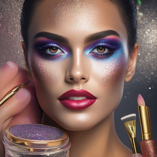 A glamorous, spotlit dancer's face with bold, shimmering eyeshadow, defined brows, and bold lip color, surrounded by scattered makeup brushes, sponges, and compacts on a sparkly, glittering background.