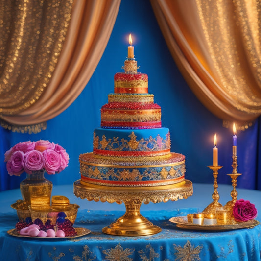 A grand, ornate cake with five tiers, adorned with golden accents, colorful balloons, and sparkling candles, set against a backdrop of vibrant confetti and a luxurious, velvet-draped stage.