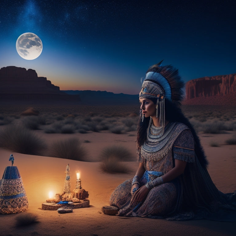 A mystical, moonlit desert landscape with a fusion of ancient artifacts, glowing runes, and mystical orbs surrounding a mesmerizing, elaborate headdress adorned with feathers, beads, and gemstones.
