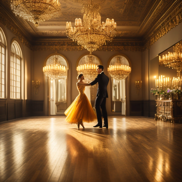 A warm, golden-lit dance studio with a beautiful, polished wooden floor, surrounded by mirrors and elegant chandeliers, featuring a couple in the center, dancing a elegant waltz.