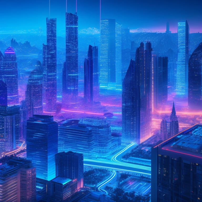 A futuristic, neon-lit cityscape at dusk, with sleek skyscrapers and holographic screens displaying coding symbols, surrounded by orbiting servers and glowing fiber optic cables.