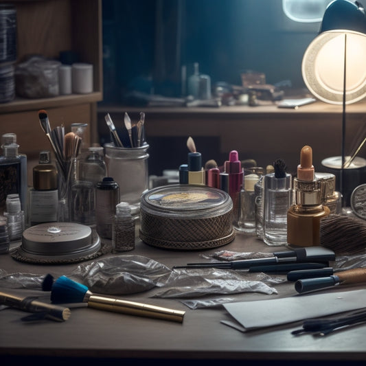 A messy, cluttered makeup station with scattered brushes, open compacts, and half-empty product bottles, surrounded by crumpled papers, broken pencils, and a ticking clock in the background.