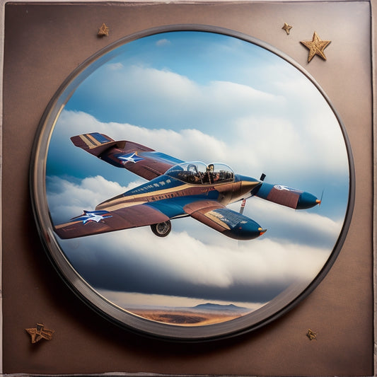 A vintage-style vinyl record with a worn, earthy-brown cover featuring a stylized illustration of a P-51 Mustang aircraft soaring through clouds, surrounded by subtle stars and stripes patterns.