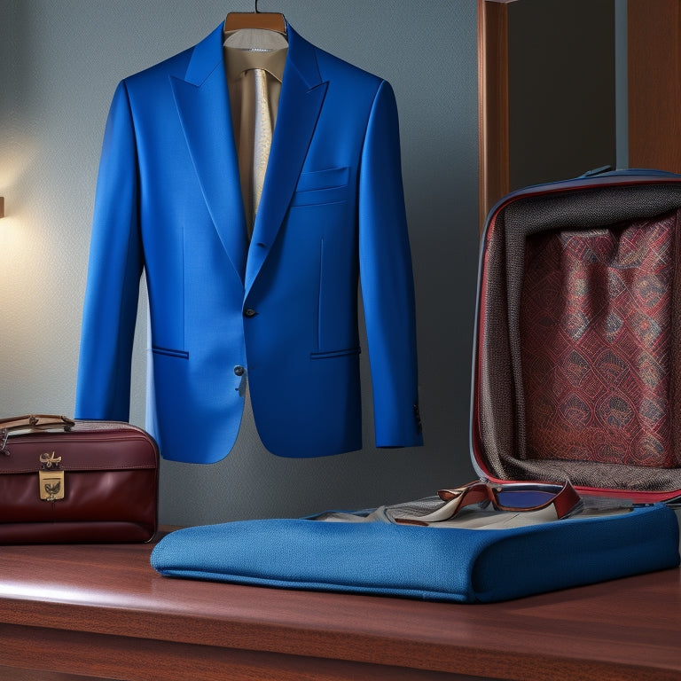 A close-up illustration of a suit on a hanger, with clothes folded and packed neatly around it, with a subtle background of a suitcase or closet, emphasizing the packing process.
