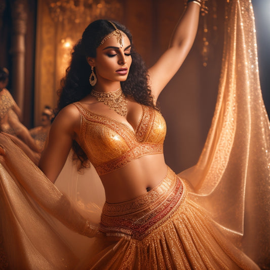 A serene, golden-lit illustration of a woman with a gentle, relaxed posture, surrounded by subtle Middle Eastern patterns, performing a slow, flowing belly dance movement, with a subtle, soothing aura.