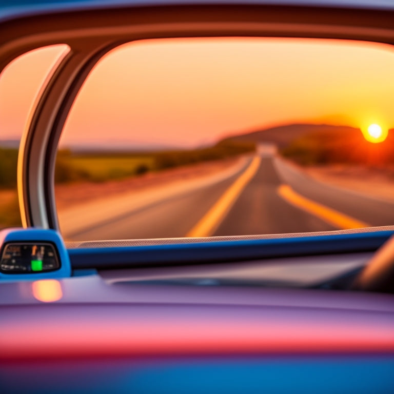 A rearview mirror reflecting a driver's eyes, with a blurred highway background through the windshield, and a subtle hint of dashboard edges in the frame.