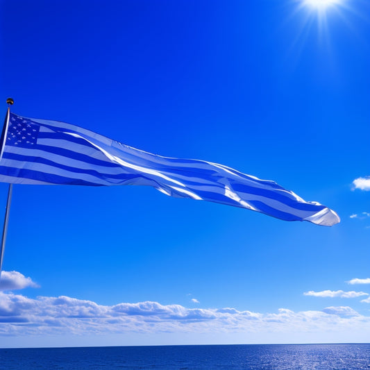 A majestic, flowing flag with a dynamic, wave-like design, featuring shades of electric blue and silver, waving in the wind against a bright, sunny sky with a few puffy white clouds.