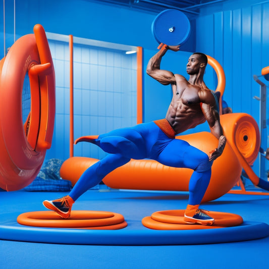 A dynamic illustration of a fit individual in mid-whirl, arms extended, torso twisting, and legs bent, surrounded by blurred exercise equipment and abstract shapes in shades of blue and orange.