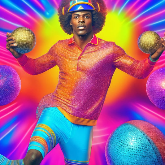 A colorful illustration of a football player in a groovy, disco-inspired outfit, surrounded by swirling patterns and shapes, with a football-shaped disco ball in the background.