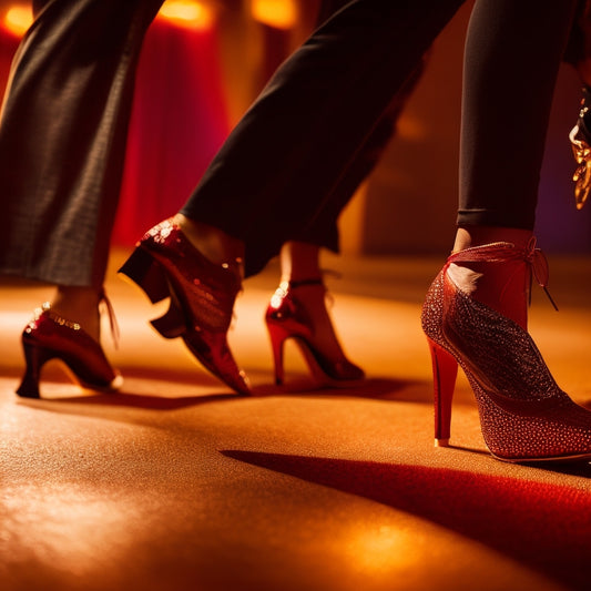 A dynamic dance floor scene featuring elegant salsa shoes in vibrant colors—red, black, and gold—showcased with a blurred motion effect, capturing the energy and rhythm of salsa dancing under soft, atmospheric lighting.