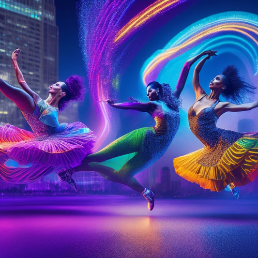 Vibrant illustration of diverse dancers in dynamic poses, surrounded by swirling shapes and colors, evoking energy, movement, and joy, set against a dark background with neon-lit cityscape silhouettes.