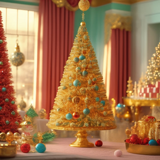 A whimsical scene featuring a grand, golden-hued Christmas tree adorned with candy-shaped ornaments, surrounded by towering lollipops, gumdrop trees, and a majestic nutcracker standing guard.