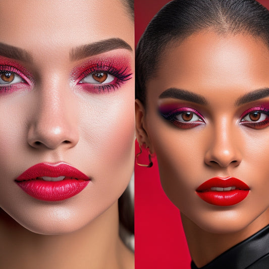 A split-face image: one side with natural skin tone, the other with a vibrant, theatrical makeup design featuring bold eyeliner, bright eyeshadow, and a bold red lip, set against a dark, velvety background.