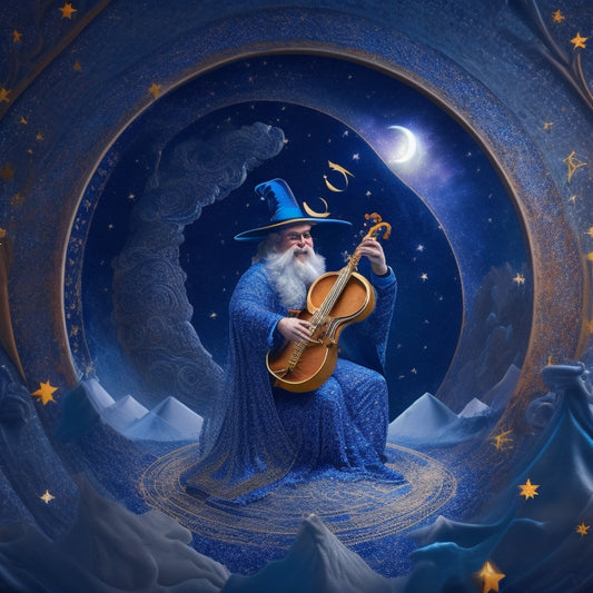 A whimsical illustration of a wizard surrounded by swirling musical notes, instruments, and stars, set against a deep blue background with subtle crescent moon shapes.