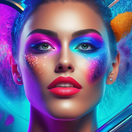 A colorful, futuristic illustration of a dancer's face with digital makeup brushes and tools orbiting around it, surrounded by screens displaying makeup tutorials and beauty filters.