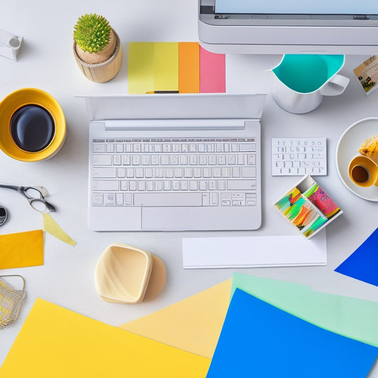 A bright, modern desk with a sleek laptop, surrounded by colorful paper scraps, scissors, and a cup of steaming coffee, against a clean white background with subtle digital grid lines.