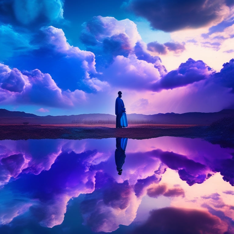 A surreal, dreamlike scene: a figure's silhouette fragmented into multiple mirrored reflections, each containing a different emotional expression, surrounded by swirling clouds of deep blues and purples.