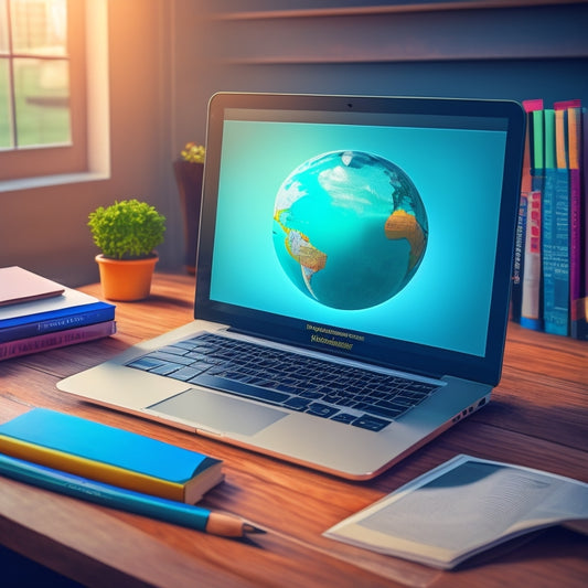 A stylized illustration of a laptop with a certificate emerging from the screen, surrounded by subtle educational elements like tiny books, pencils, and a faint globe in the background, symbolizing online learning.