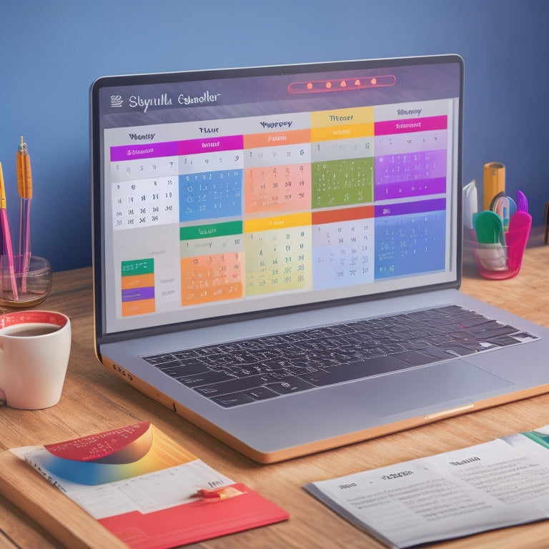 A colorful illustration of a digital calendar with multiple time slots filled with small group icons, connected by lines to a laptop and a tablet, surrounded by subtle educational elements.