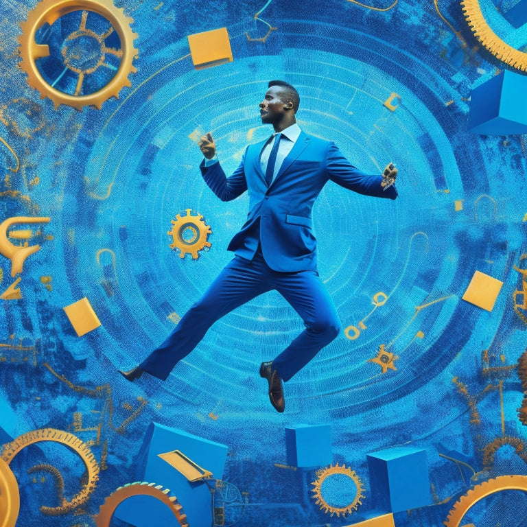 A vibrant illustration featuring a dancing businessperson surrounded by swirling connection lines, puzzle pieces, and gears, set against a bright blue background with subtle network patterns.