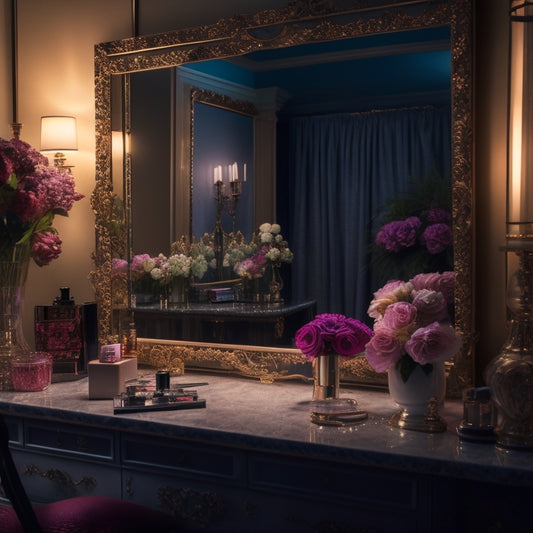 A glamorous, dimly lit dressing room with a vanity cluttered with makeup, skincare products, and sparkling costumes, surrounded by spotlights, flowers, and a few strategically placed mirrors.